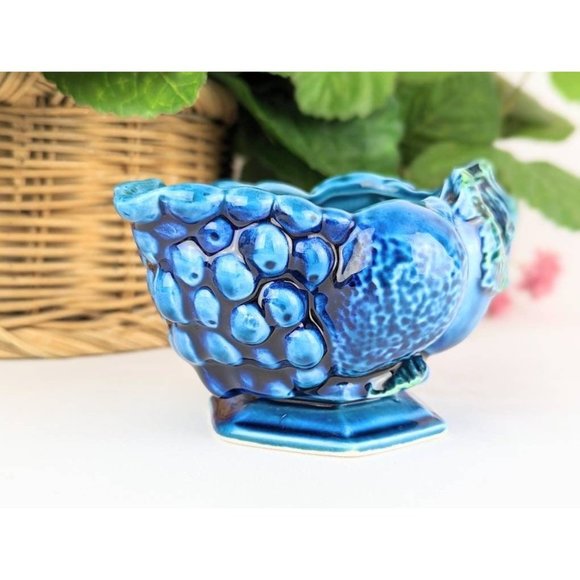 Indigo Blue Ceramic Footed Creamer Pitcher Embossed Fruit Grapes Leaves Inarco - Picture 5 of 8
